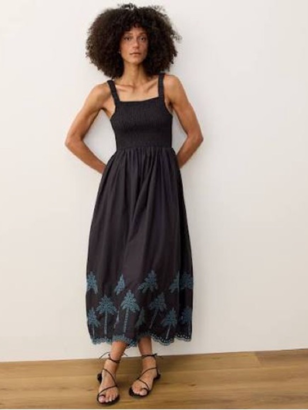 Marine Layer Selene Black Eyelet Maxi Dress with Teal Palm Embroidery